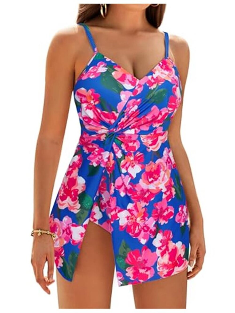 Womens Swim Dress One Piece Tummy Control V Neck Bathing Suit Slimming Ruched